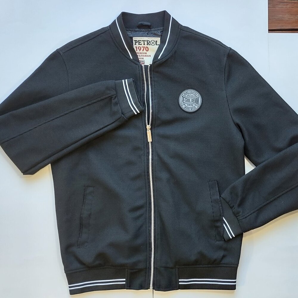 Petrol Denim Black Bomber Jacket Men's Medium Retro Gas & Oil Full Zip Pockets - Picture 6 of 14